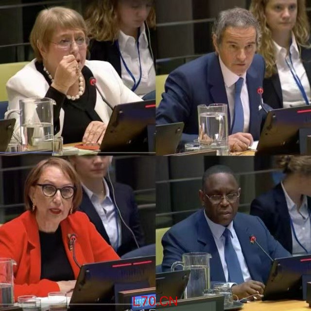 从左一开始分别是巴切莱特、格罗西、格林斯潘和萨勒。 （来源：第一财经综合联合国视频制作）