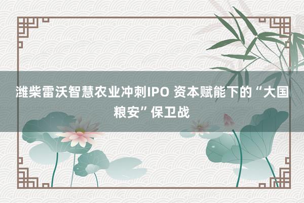 潍柴雷沃智慧农业冲刺IPO 资本赋能下的“大国粮安”保卫战