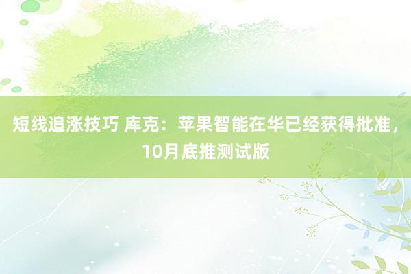 短线追涨技巧 库克：苹果智能在华已经获得批准，10月底推测试版